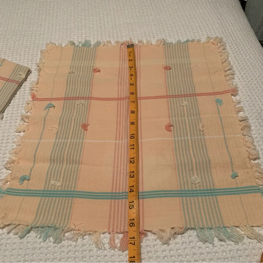 Set of 9 Cotton Table Napkins Peach and Turquoise with Fringe